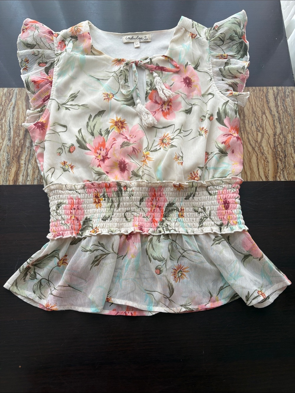 indulge Floral Ruffle Sleeve Smocked Peplum Top - White, Pink, Green